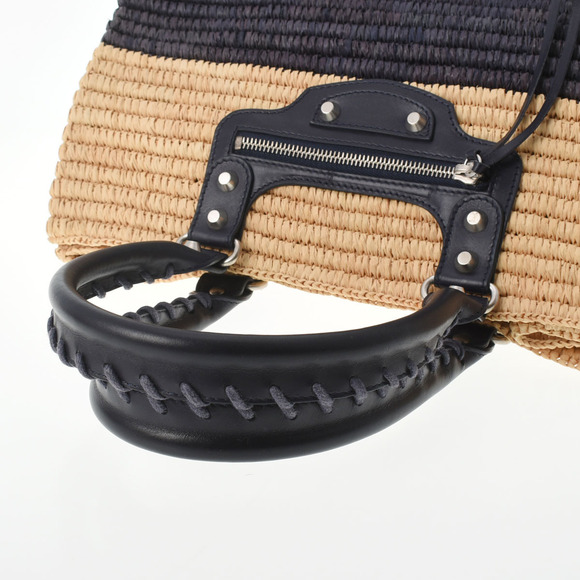 BALENCIAGA Basket Bag Natural Navy Blue Raffia Leather Handbag - Picture 3 of 11